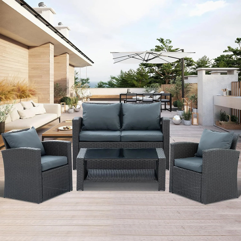 7 Piece Patio Furniture Sets Outdoor Sectional PE Rattan Outdoor Furniture Patio Conversation Set with Cushions and Glass Coffee Table, for Balcony Lawn and Garden, Gray