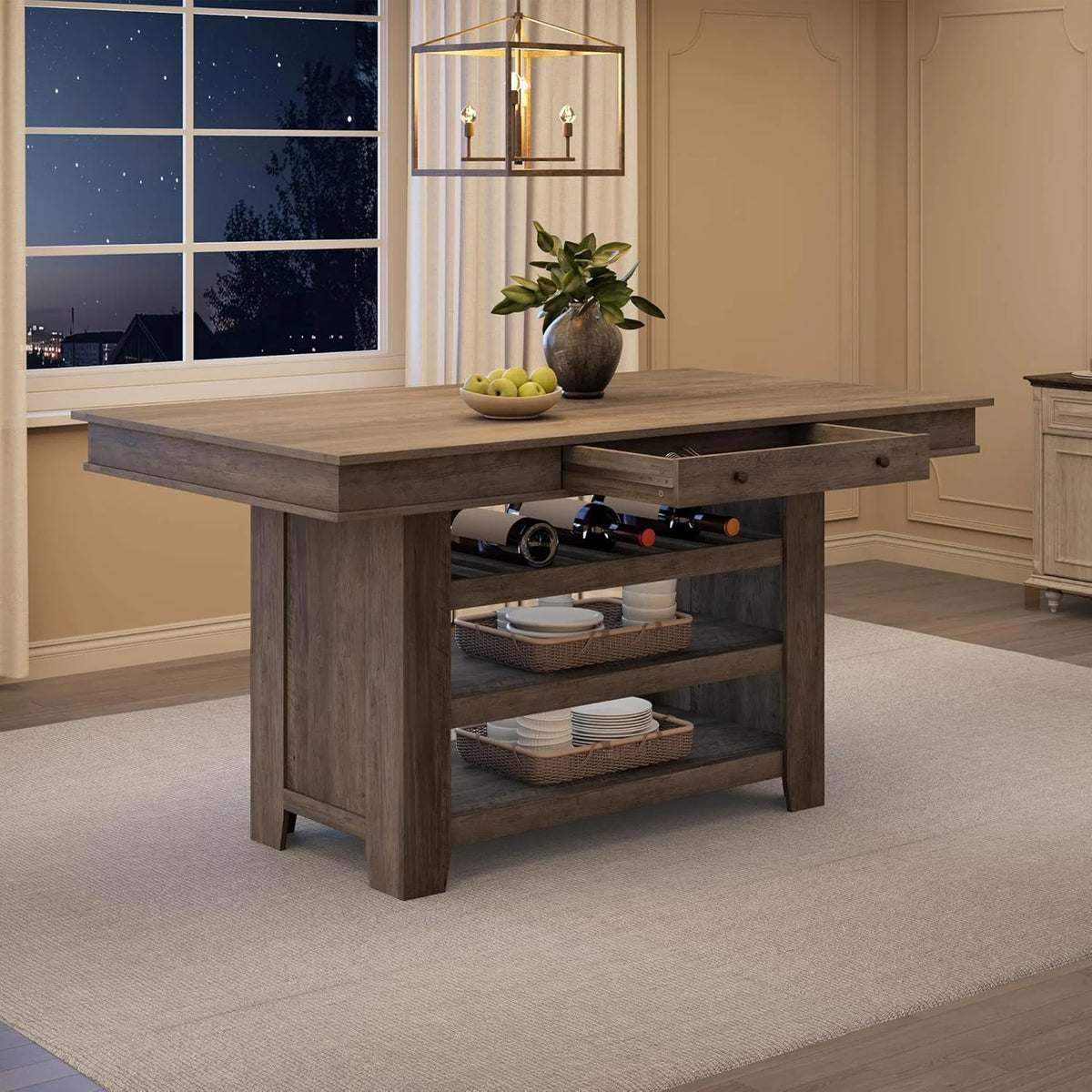 60" Counter Height Dining Table for 4,Rustic Counter Height Dining Table with Drawers& Open Shelves for Kitchen, Bar