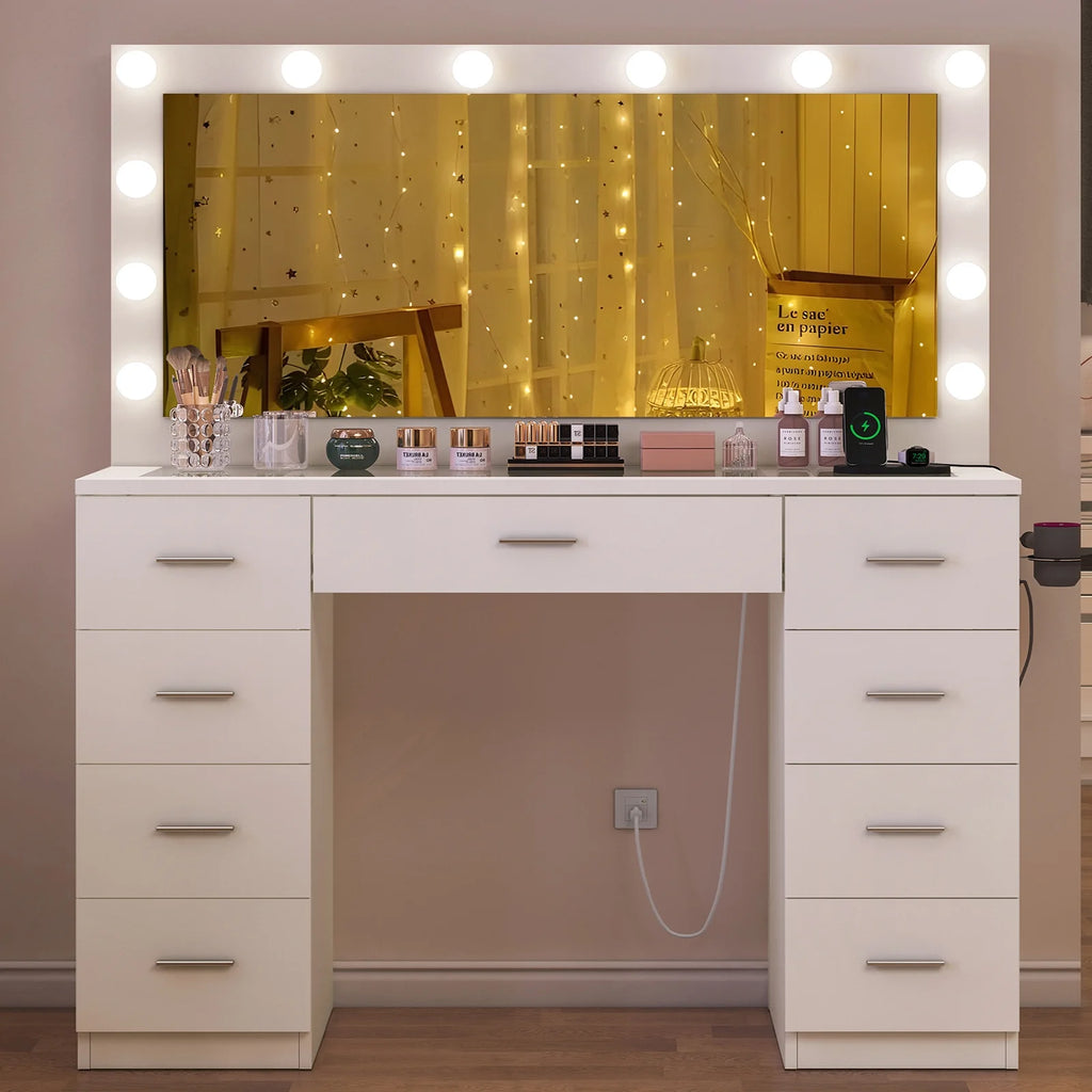 TEENFON 46" Vanity Desk with Large Lighted Mirror and Power Outlet, Makeup Vanity with 9 Drawers and Glass Desktop, Vanity Table for Bedroom, White