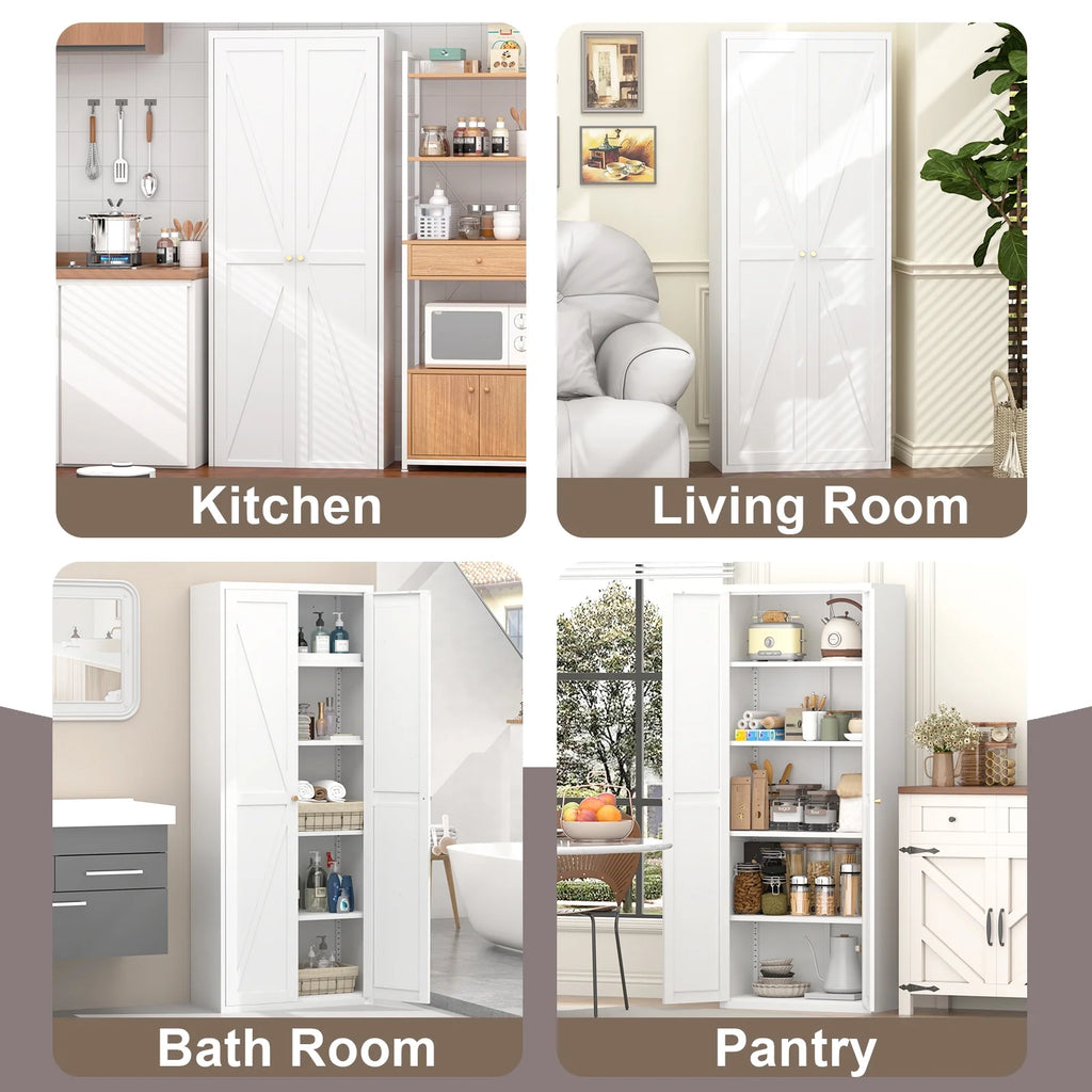 Aukfa 71" Freestanding Kitchen Pantry Storage Cabinet with 4 Adjustable Shelves, Metal Food Pantry Cupboard for Kitchen/Garage/Office, White
