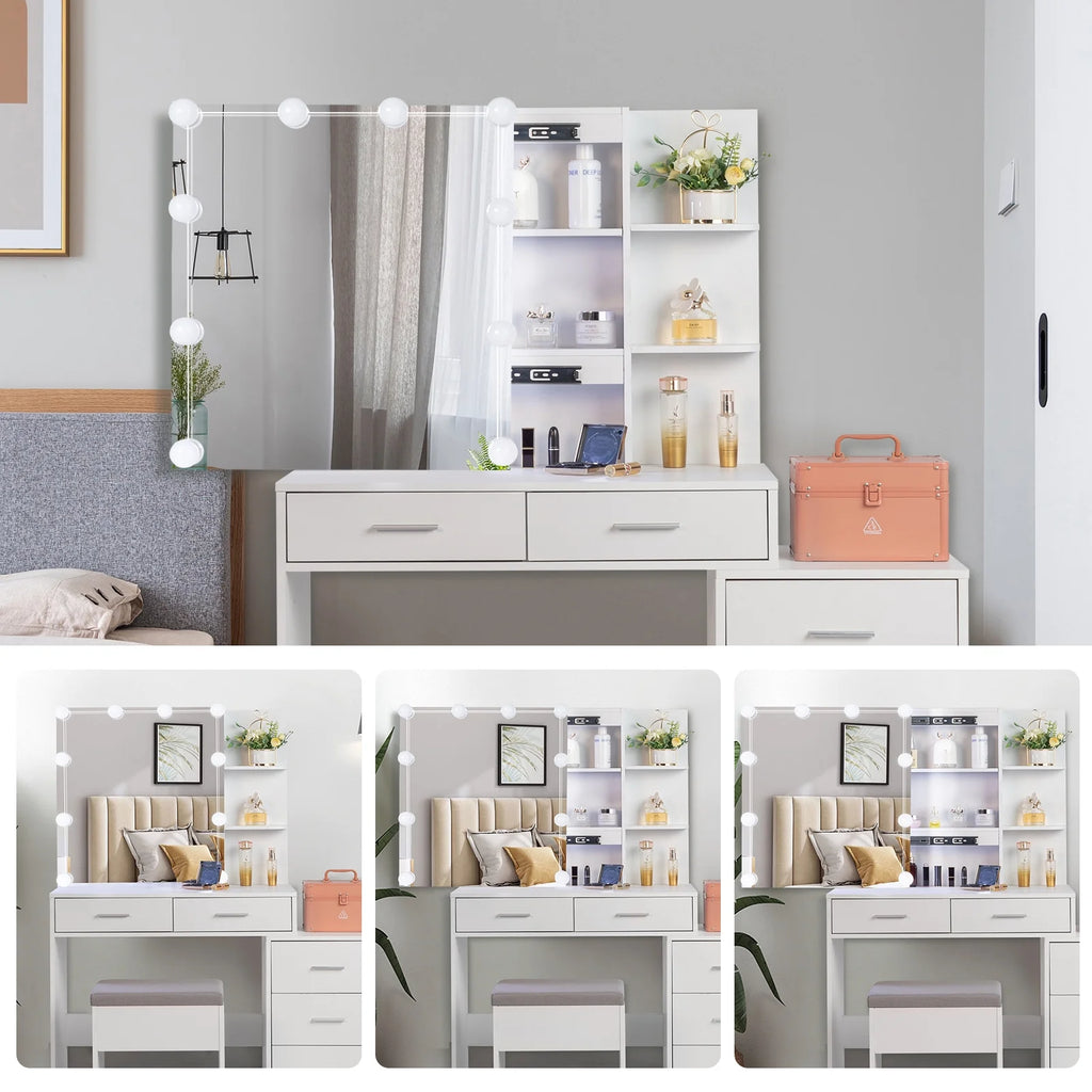 Ktaxon Flutted Makeup Vanity Table Set with 5 Drawer, Dressing Table w/Charging Station, Vanity Desk for Femal Gift, White