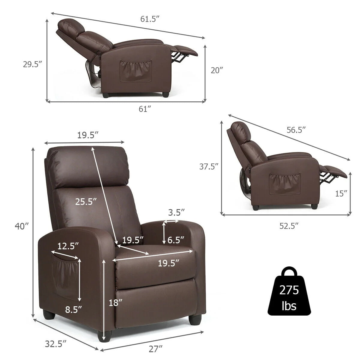Gymax Massage Recliner Chair Single Sofa PU Leather Padded Seat w/ Footrest Brown