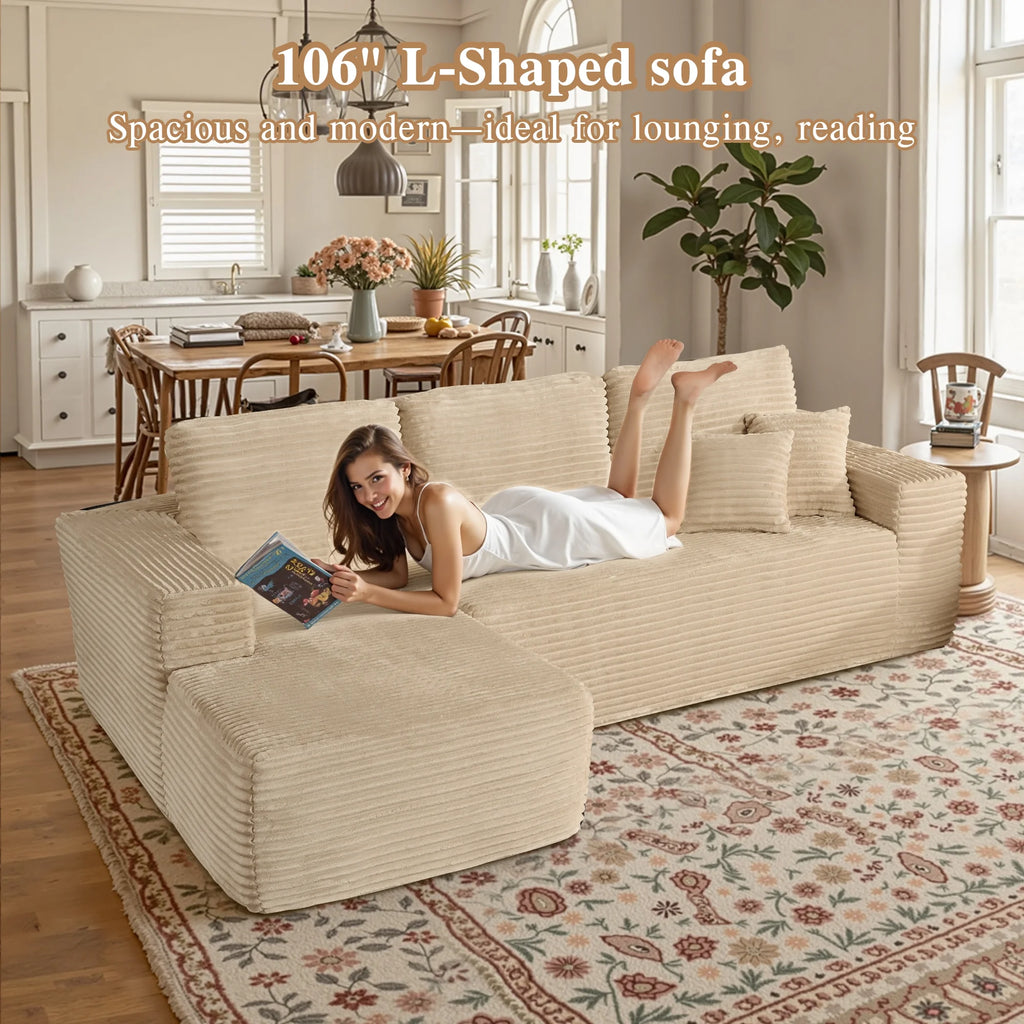 Ovios 106" L-Shaped Sectional Sofa Modern Modular Cloud Couch with Deep Seating Upholstered Sofa for Living Room Bedroom, No Assembly Required, Black(Corduroy)