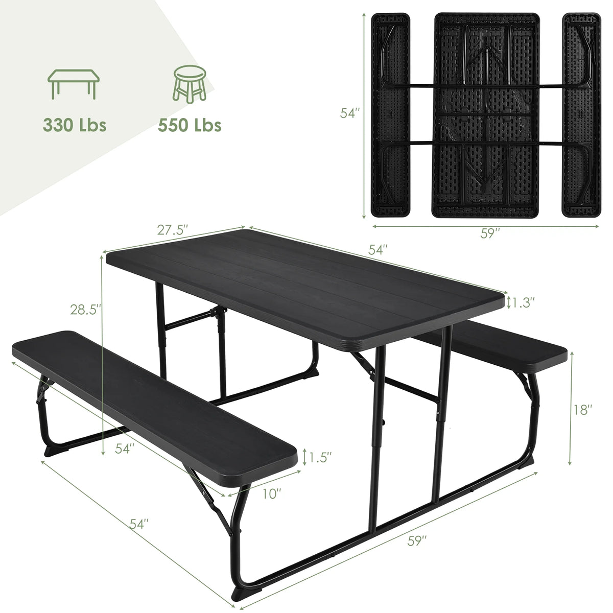 Costway Indoor & Outdoor Folding Picnic Table Bench Set w/ Wood-like Texture Grey