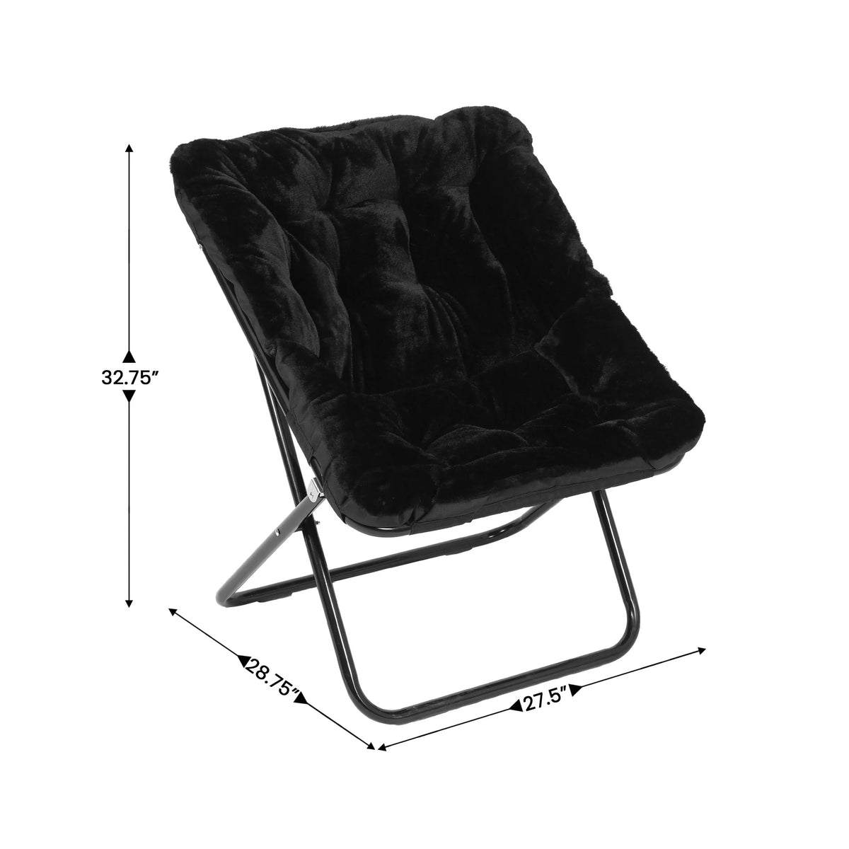 Emma + Oliver Oversized Faux Fur Folding Saucer Chair for Dorm, Bedroom, Black Faux Fur/Black Frame