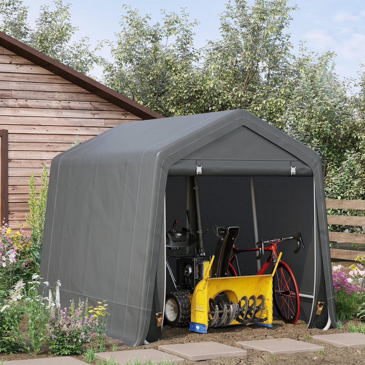 Outsunny 6'x8' Outdoor Storage Shelter with Rollup & Zipper Door, Heavy Duty Carport Shed for Motorcycle Garden Storage, Grey