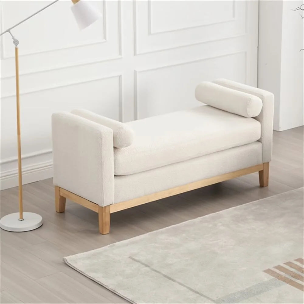 End of Bed Bench, 53.5" Boucle Fabric Upholstered Entryway Bench with Wood Legs & Bolster Pillows, Rolled Arm Cushioned Ottoman Foot Rest Long Stool Window Extra Seating for Bedroom, Ivory