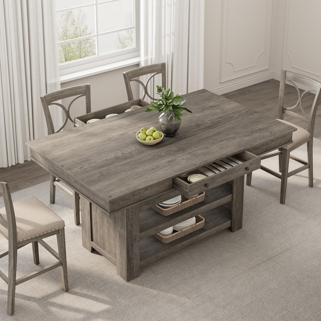 60" Counter Height Dining Table for 4,Rustic Counter Height Dining Table with Drawers& Open Shelves for Kitchen, Bar