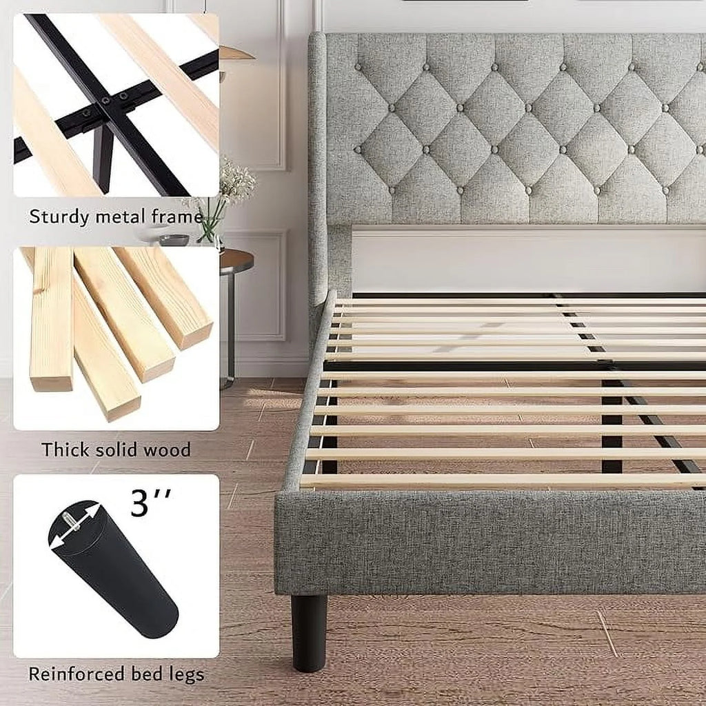 iPormis Full Size Bed Frame with Diamond Button Tufted Wingback Headboard, Upholstered Platform Bed Frame with Strong Wood Slat Support, No Box Spring Needed,Black