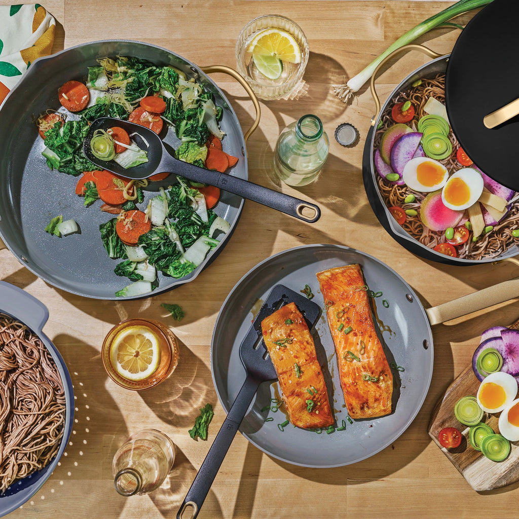 Beautiful 12pc Ceramic Non-Stick Cookware Set with Strainer Lids, White Icing by Drew Barrymore