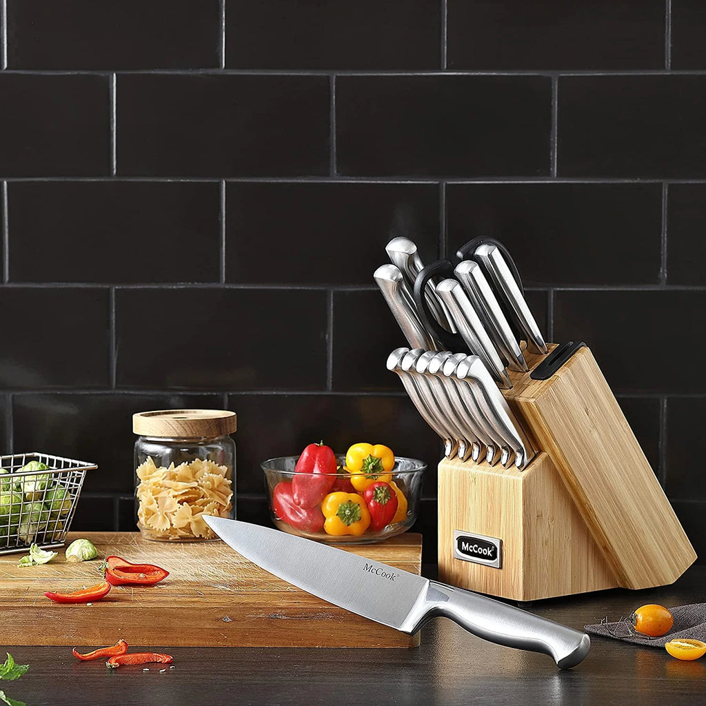 McCook MC29 Knife Sets, 15 Pieces German Stainless Steel Kitchen Knife Block Sets with Built-in Sharpener