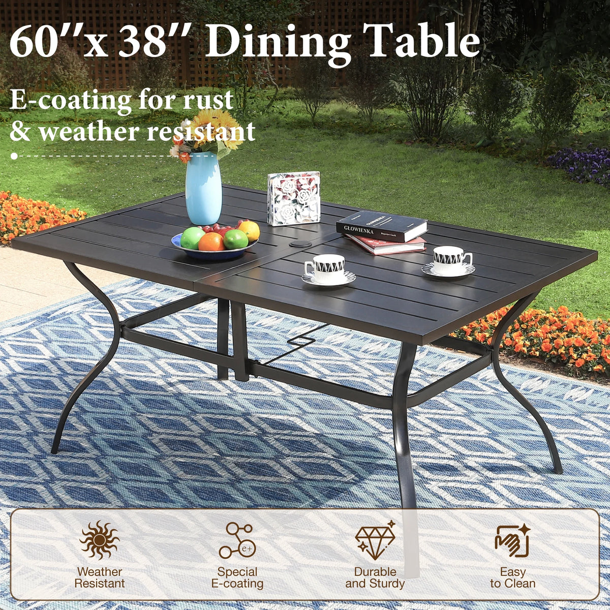 MF Studio 6-Person Outdoor Rectangular Metal Dining Table with Umbrella Hole, All-Weather Resistance Patio Table, Black