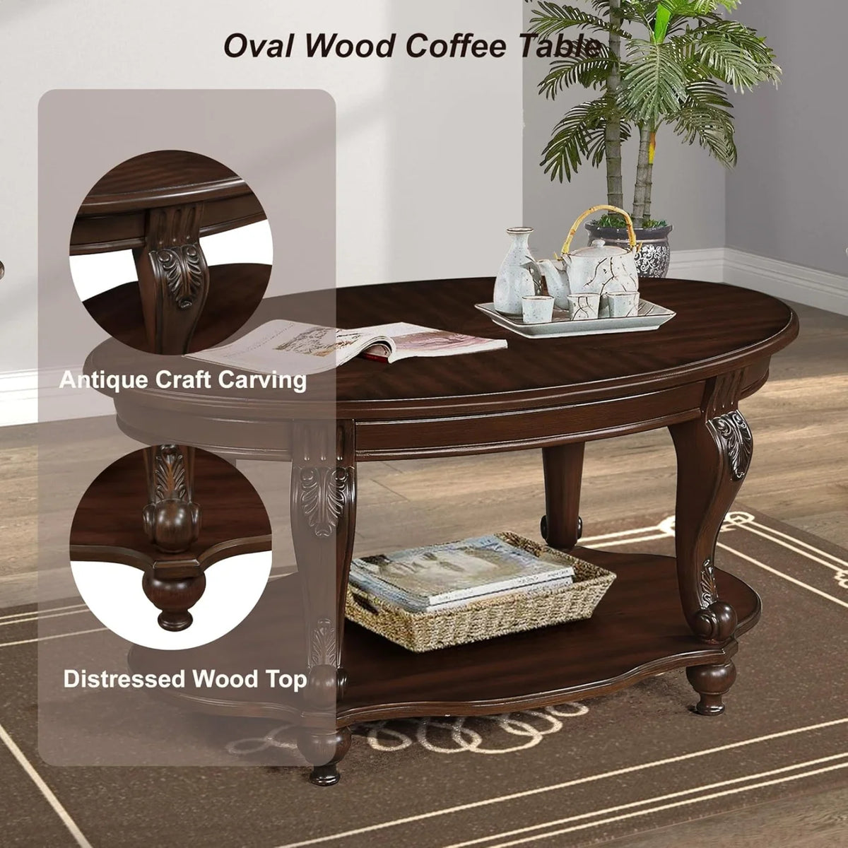 42" Oval Coffee Table with Storage Shelf, 2-Tier Solid Wood Cocktail Tea Table, Traditional Retro Center Table for Living Room, Bearing 400LBS, Cherry