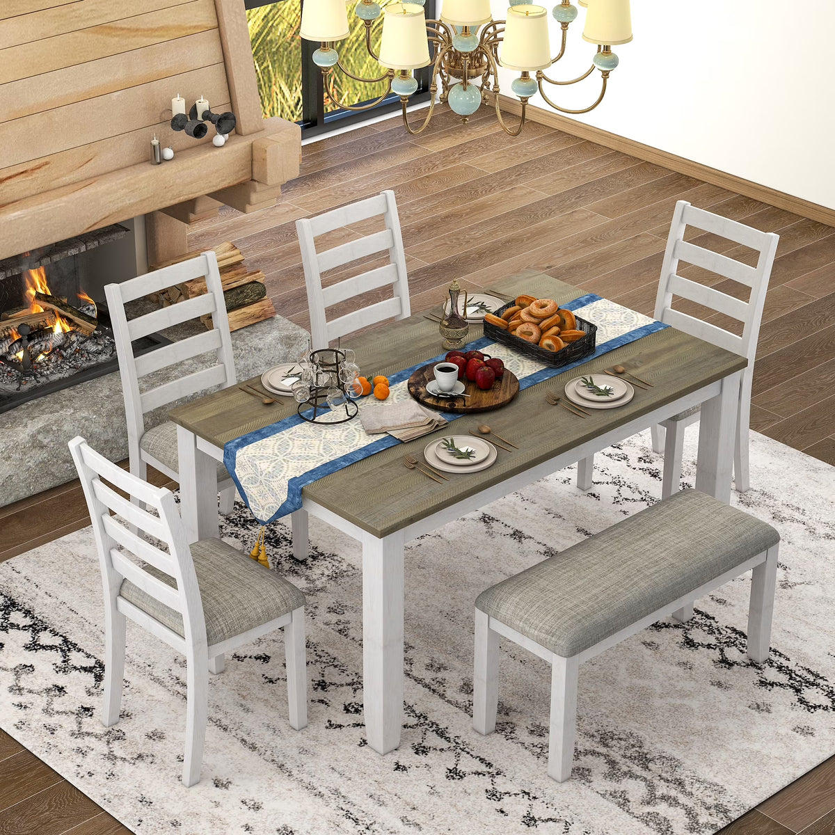 Rustic Dining table Set for 6, Wooden Rectangular Kitchen Dining Table with 4 Upholstered Dining Chairs and 1 Padded Bench, Dining Set with 4 Chairs, Dining Set for 6, Brown+Whitewash