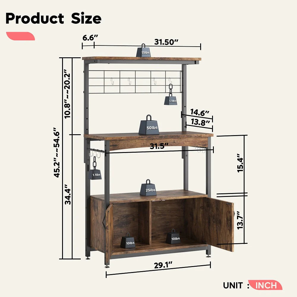 Bestier 3-Tier Baker's Rack with Cabinet, Kitchen Storage Shelves, Microwave Oven Stand, Coffee Bar with Hooks in Rustic