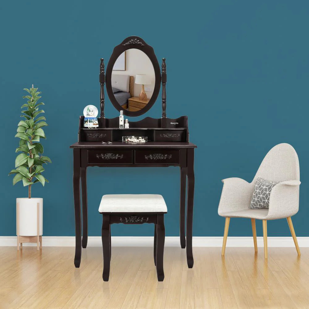 UBesGoo 4 Drawer Vanity Makeup Dressing Table Set w/Stool&Mirror Jewelry Wood Brown