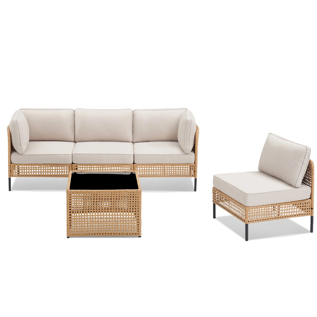 Swpormundo 6 Piece Wicker Patio Furniture Set,Outdoor Conversation Sectional Sofa w/Coffee Table,All-Weather Outdoor Sofa with Thick Cushions for Deck,Poolside,Garden,Beige