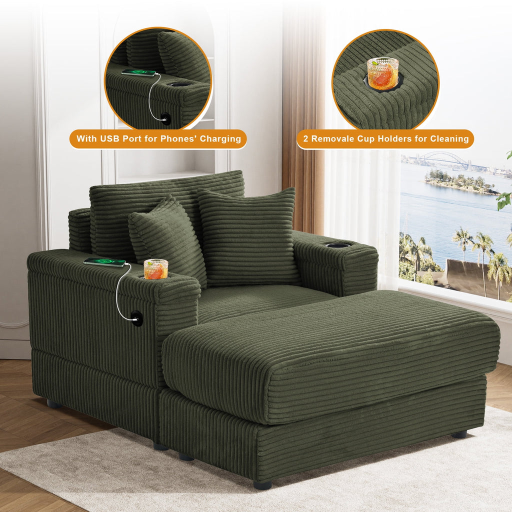 Wiilayok Oversized Lounge Chair Indoor,54" Corduroy Cloud Chaise Lounge Couch Indoor with Ottoman,Cup Holder for Living Room,Bedroom,Beige