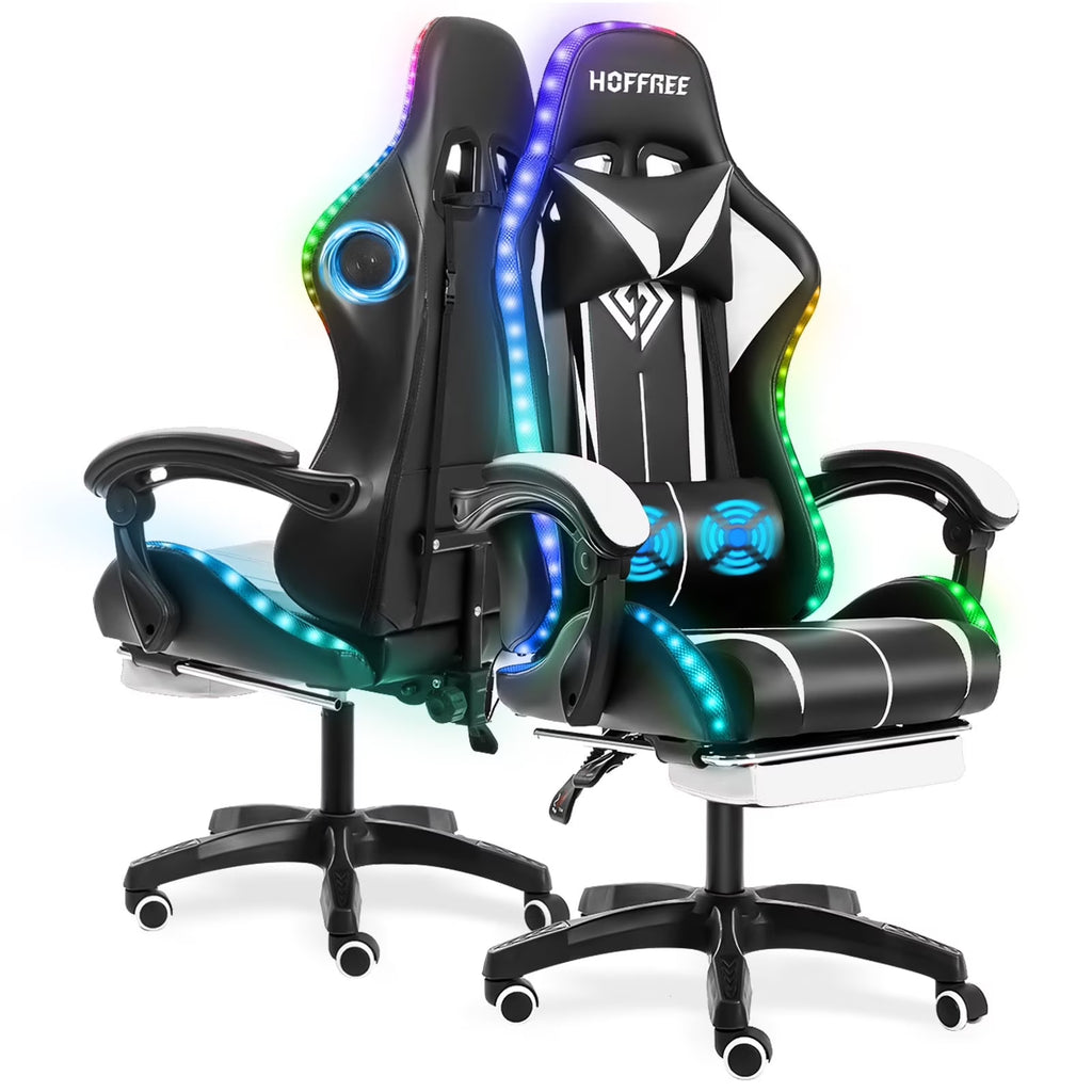 Hoffree Gaming Chair with Bluetooth Speakers and Footrest Massage Office Chair with LED Lights Ergonomic Game Chair High Back with Lumbar Support and Headrest Adjustable Swivel for Adults 300lb