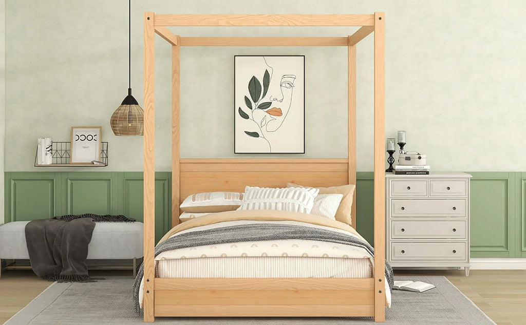 Modern Full Size Canopy Platform Bed with Headboard and Support Legs,Natural