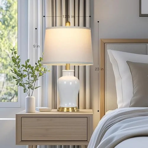 Modern Ceramic Table Lamps Set of 2, 23" White Ceramic Lamps for Living Room, Rustic Farmhouse Bedside Lamp with Ginger Jar Design, Elegant Bedroom Lamp for Nightstand Desk Side End Table Home Decor