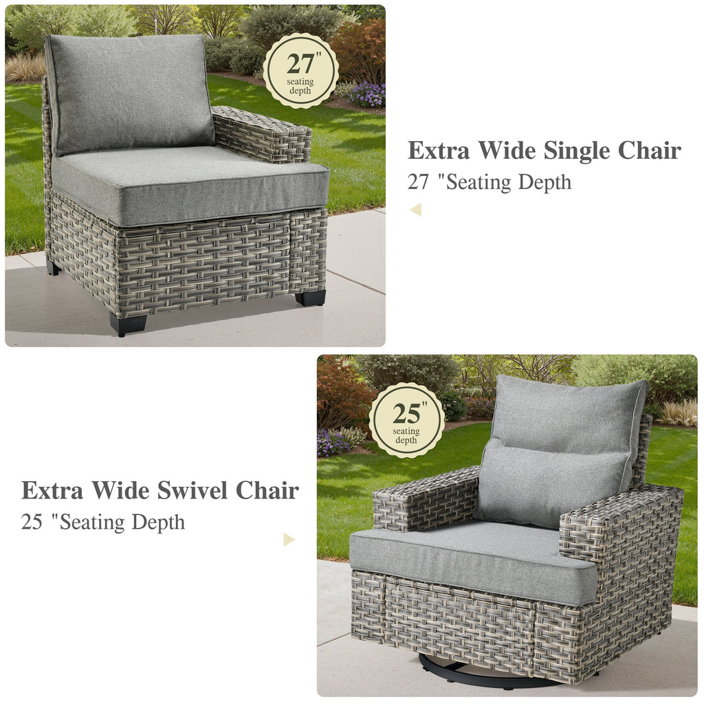 Ovios 10 Pieces Outdoor Patio Furniture Modern High-Back All-Weather Wicker Sectional Conversation Set with Propane Fire Pit Table & Swivel Chair, Dark Gray