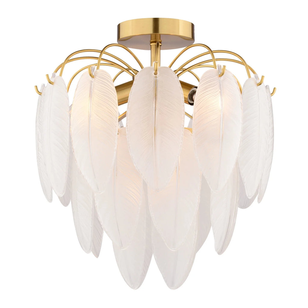 Burbank 4-Light 13.5 in. Wide Muted Gold Brass Traditional Waterfall Semi Flush Mount Lighting Fixture, White Frosted Leaf Glass Shade, Dimmable LED Compatible for Low Ceilings