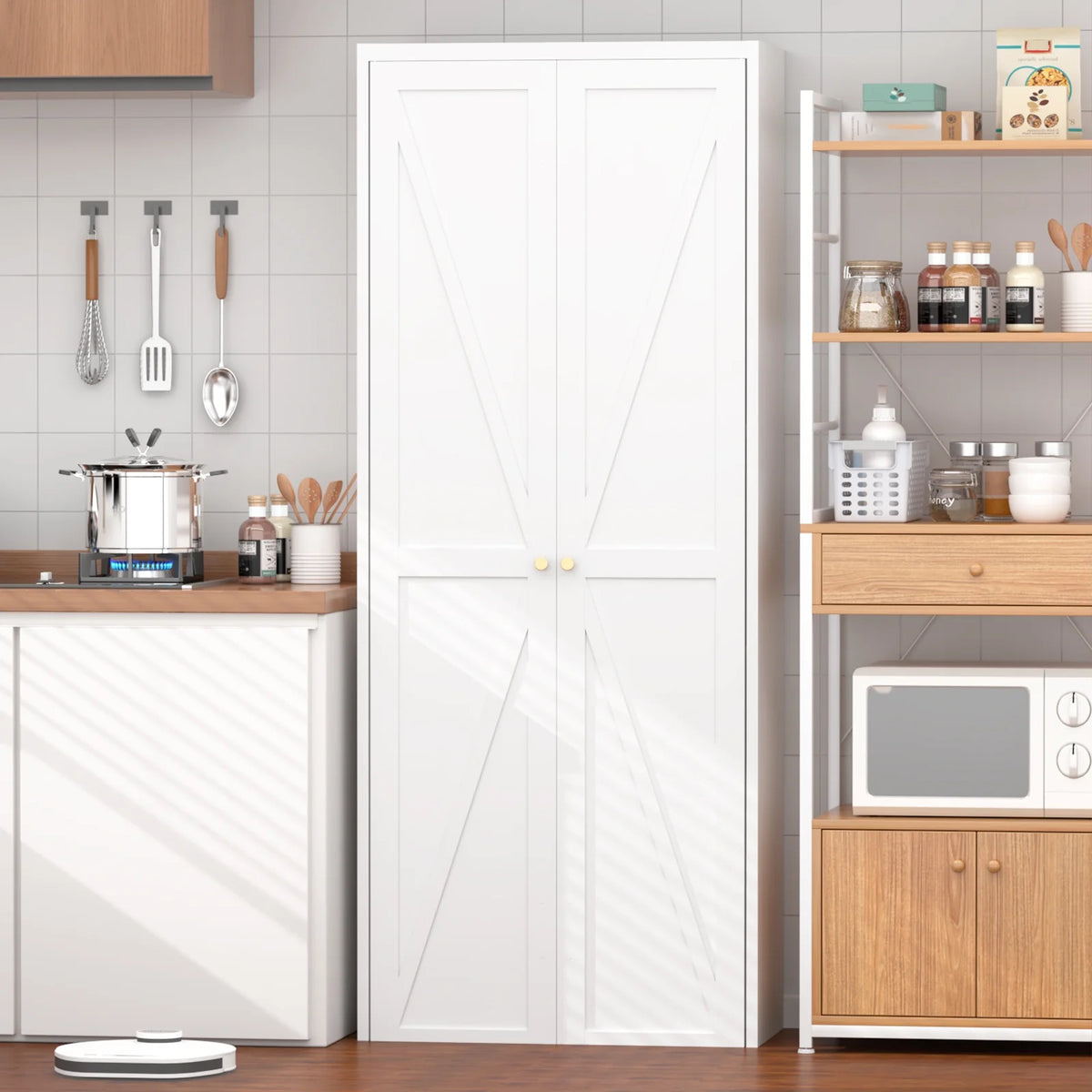 Aukfa 71" Freestanding Kitchen Pantry Storage Cabinet with 4 Adjustable Shelves, Metal Food Pantry Cupboard for Kitchen/Garage/Office, White