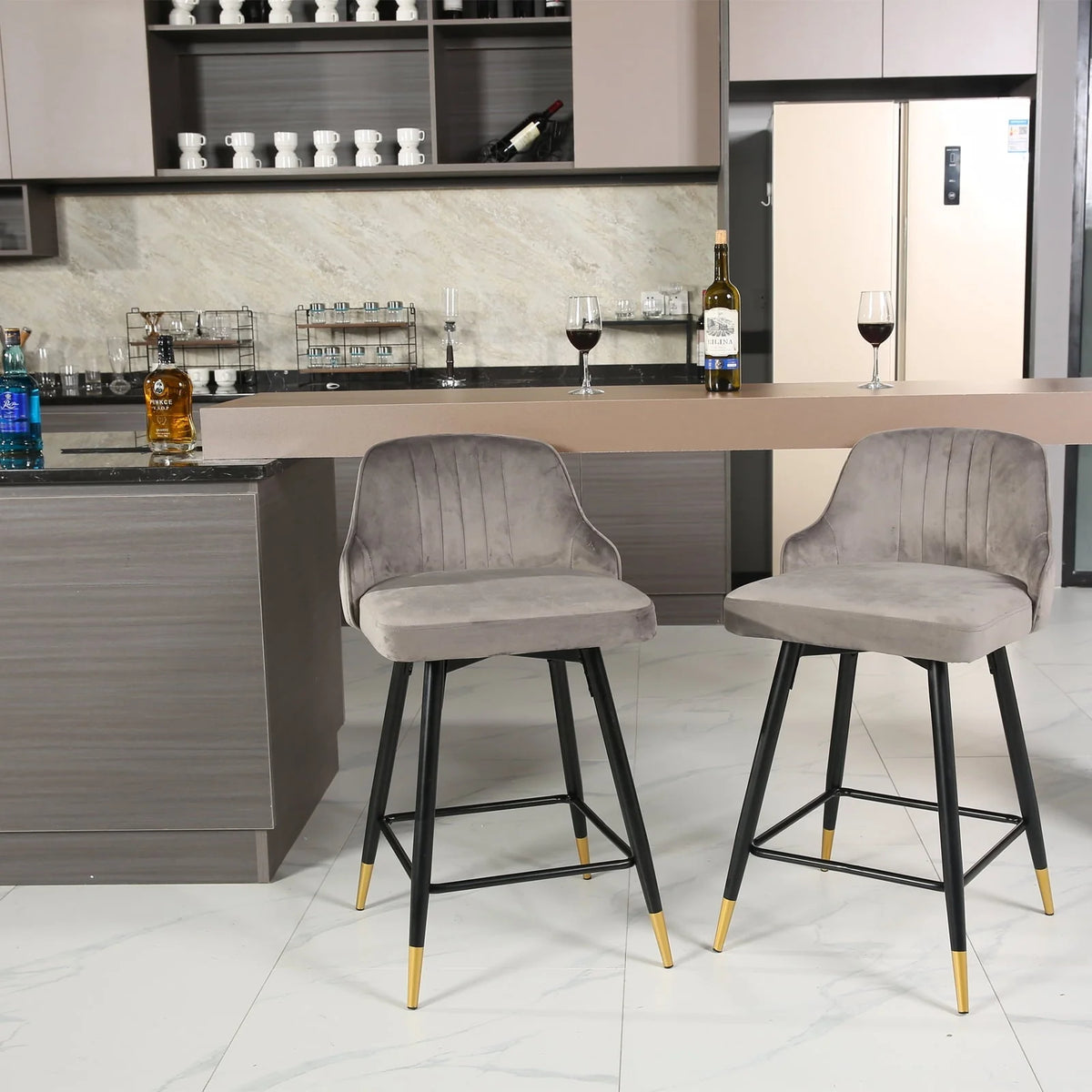 Omni House 25" Swivel Counter Height Bar Stools Set of 4, Velvet Upholstered Bar Stool with Low Back and Footrest,Stools for Pub Island Home Kitchen,Gray