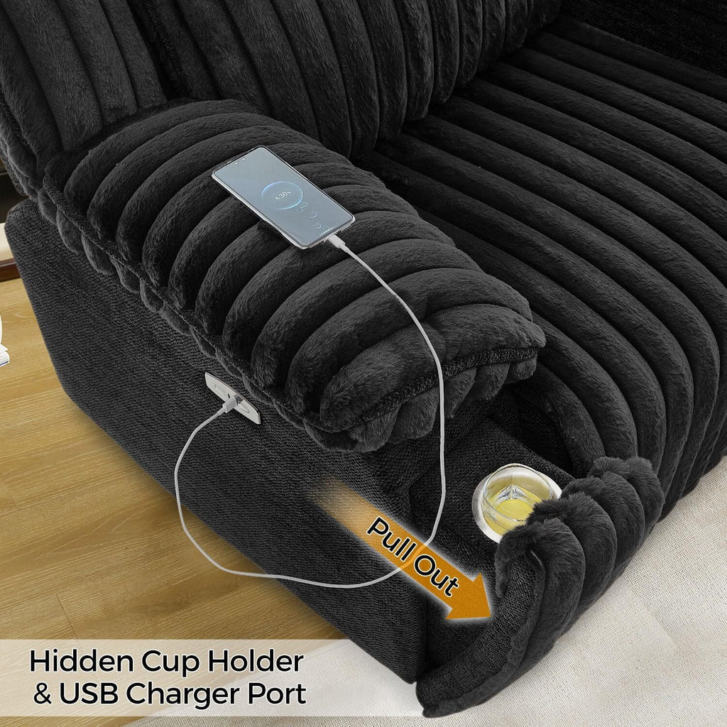 Power Reclining Sectional Sofa with Wireless Charger,6-Seater Faux Fur Sectional with Recliners,Hidden Cup Holders,Storage Console,USB & Type-C Ports,Black