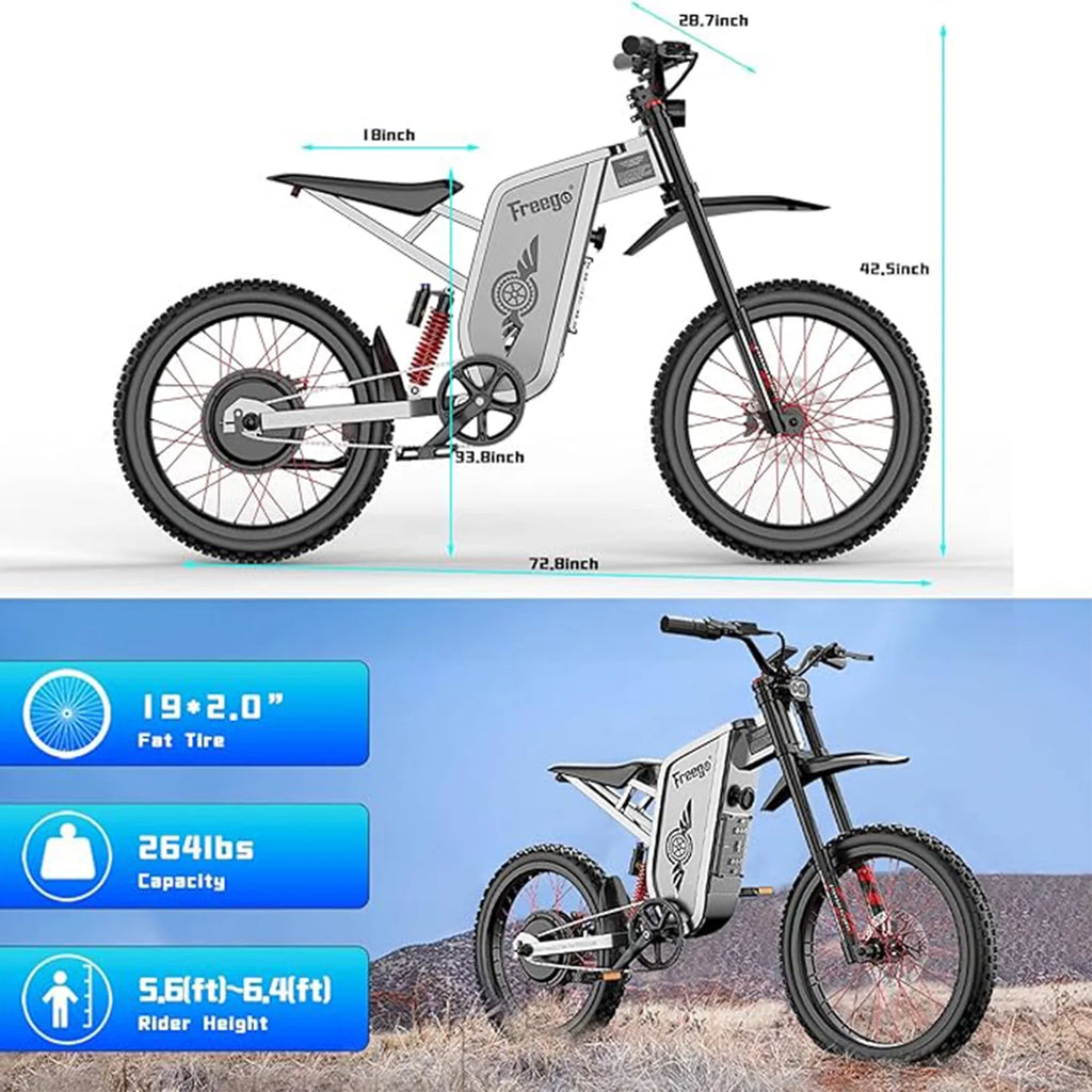50MPH Electric Dirt Bicycle Freego X2 Pro,6000W(Peak)Motor Electric Motorcycle, Electric Bike for Adults, 60V30AH Battery, 19x2 Tire Full Suspension Hydraulic Brake Half Throttle UL2849