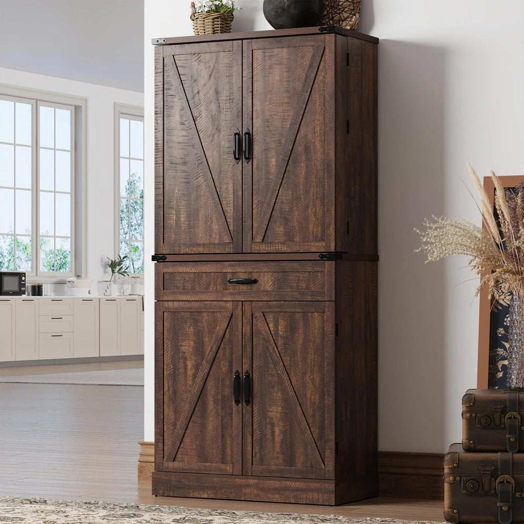 71" Tall Farmhouse Kitchen Pantry with 12 Side Shelves & Adjustable Shelves, 5 Layers Pantry Storage Cabinet w/Load-Bearing Steel Pipe & 4 Barn Doors for Kitchen, Dining Room, Living Room, Brown