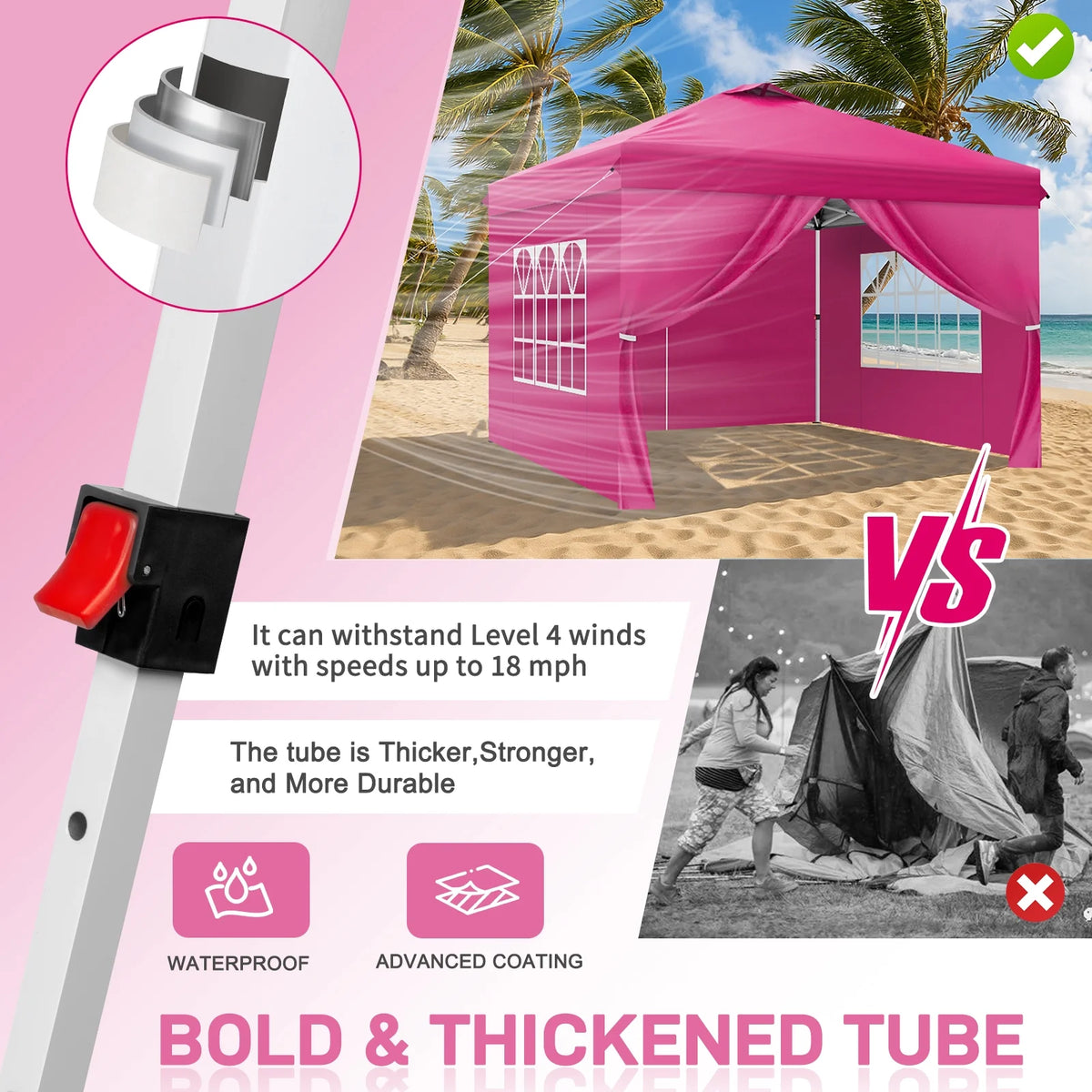 Ktaxon 10x10 Ez Pop Up Canopy Tent,Outdoor Sun Shade Shelter,Outdoor Gazebo,One Push Setup with Sidewalls,1 Roller Bag,4 Sandbags,UPF50+ - Pink