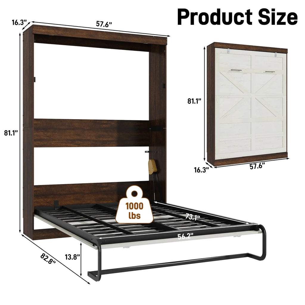ANPOO Full Size Murphy Bed with 2 LED Lights, Farmhouse Wood Hidden Foldable Wall Bed Frame with Gas Struts, Storage Bed Cabinet for Bedroom, Office, Space-Saving, No Box Spring Needed
