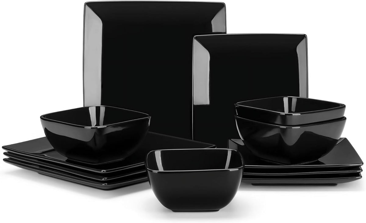 Dinnerware Sets 12 Pieces, Stoneware Square Place Setting, Dinner Plate, Dessert Plate, Bowls Service for 4
