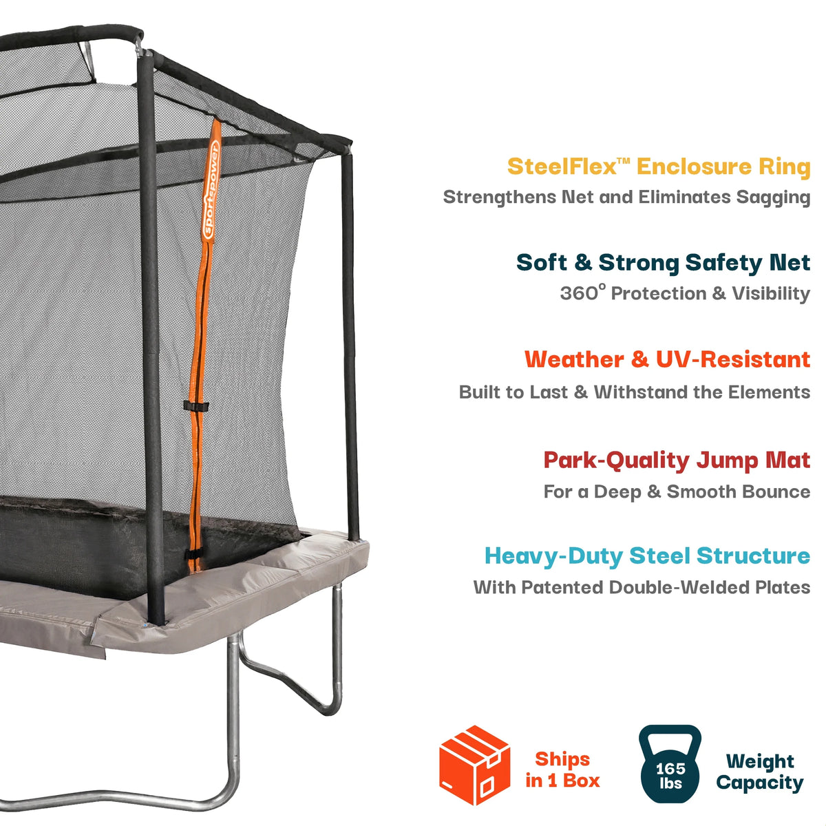 Sportspower Bounce Pro 6x8’ Rectangular Trampoline for Kids 6+ with Safety-Enclosure in Gray and Orange