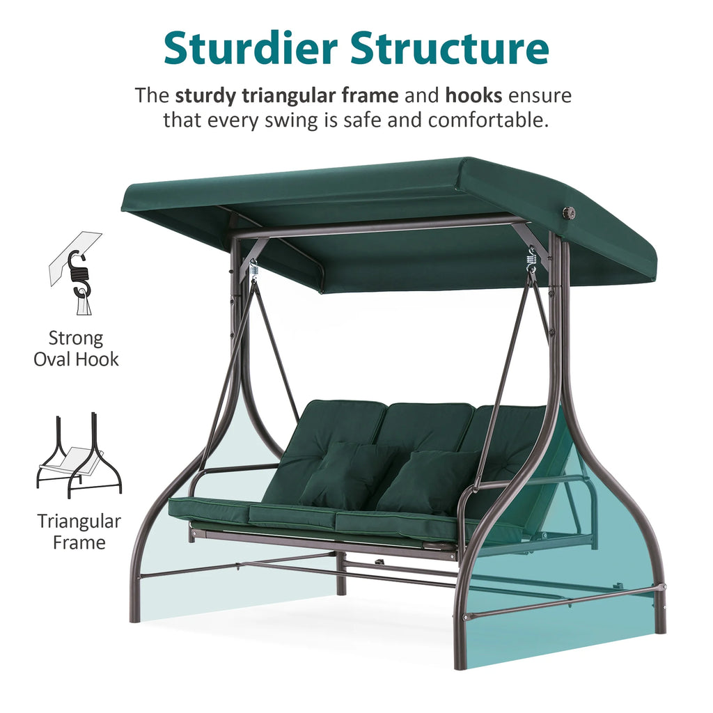 MCombo 3-Seat Outdoor Patio Swing Chair Cushioned with Adjustable Backrest and Canopy, Pillow, Brown