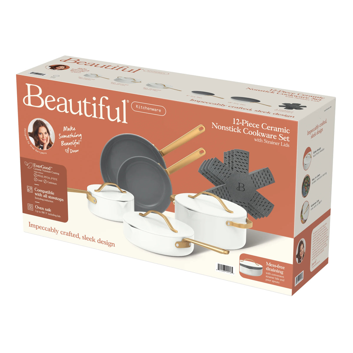 Beautiful 12pc Ceramic Non-Stick Cookware Set with Strainer Lids, White Icing by Drew Barrymore