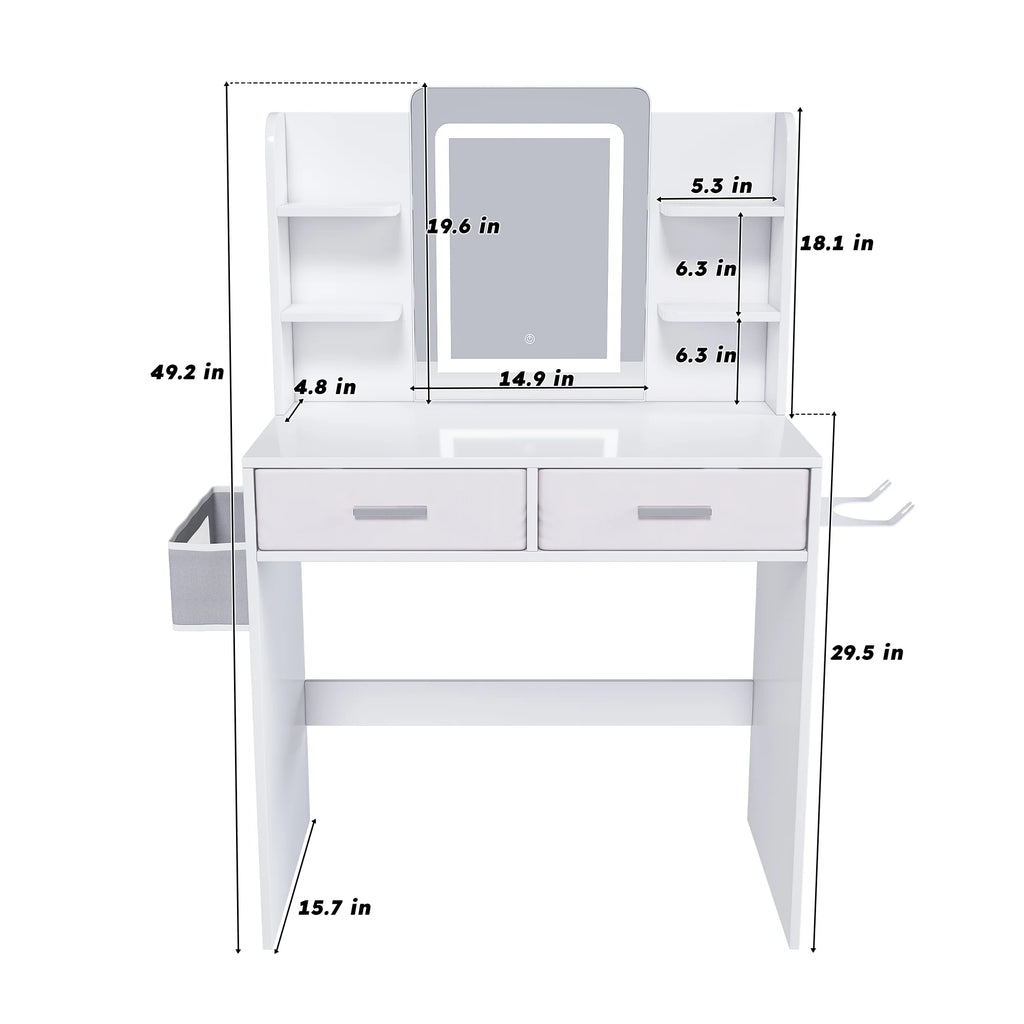 Montary Modern Mini Vanity w/Adjustable LED Mirror + Hidden Storage, Padded Stool & Dustproof Shelves (White)