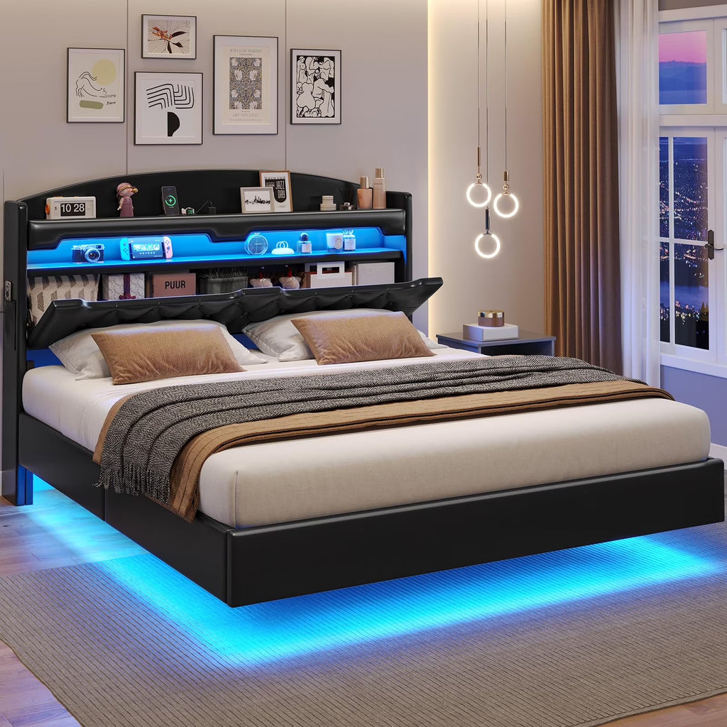 King Size Bed Frame with Storage Headboard and LED Lights,Upholstered Platform Bed with USB Port Charging,Headboard with Shelves Hidden Storage,Noise-Free,Dark Grey