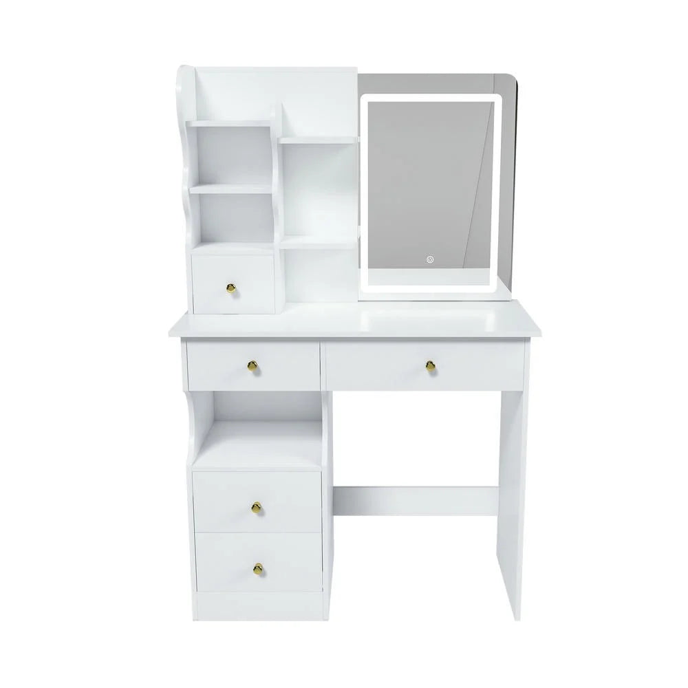Kadyn Vanity Desk with Lighted Mirror, Vanity Table and Chair Set with 2 Drawers, Dressing Table Makeup Desk with 1 Door, Retro Gray