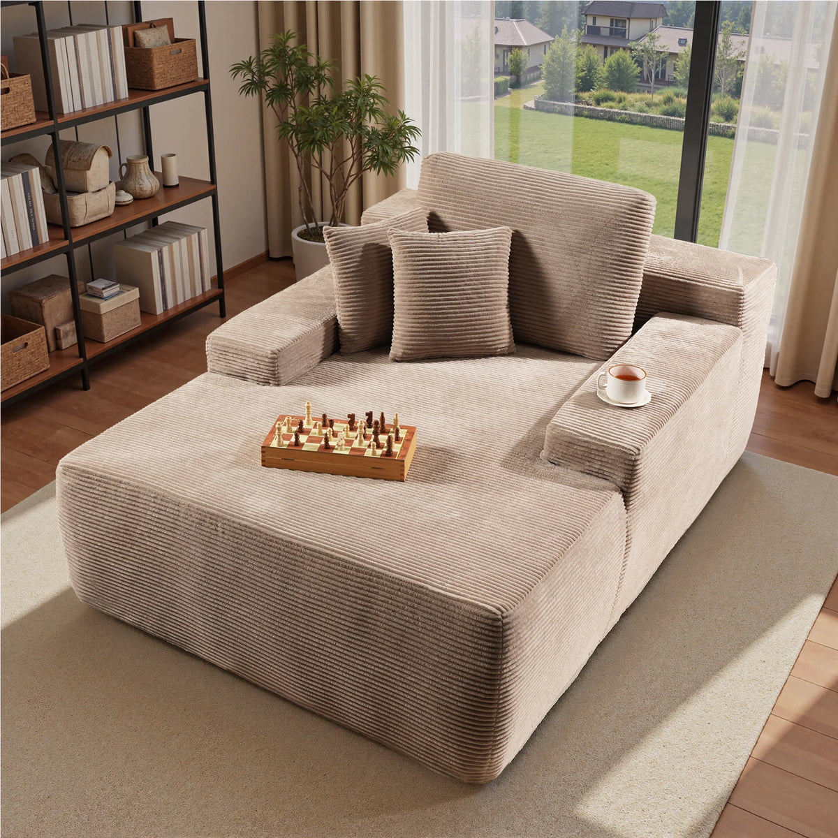 Ovios 67'' Oversized Chaise Lounge Chair Indoor Cloud Plush Corduroy Floor Sofa Bed Deep Seat No Assembly Couch for Living Room, Black