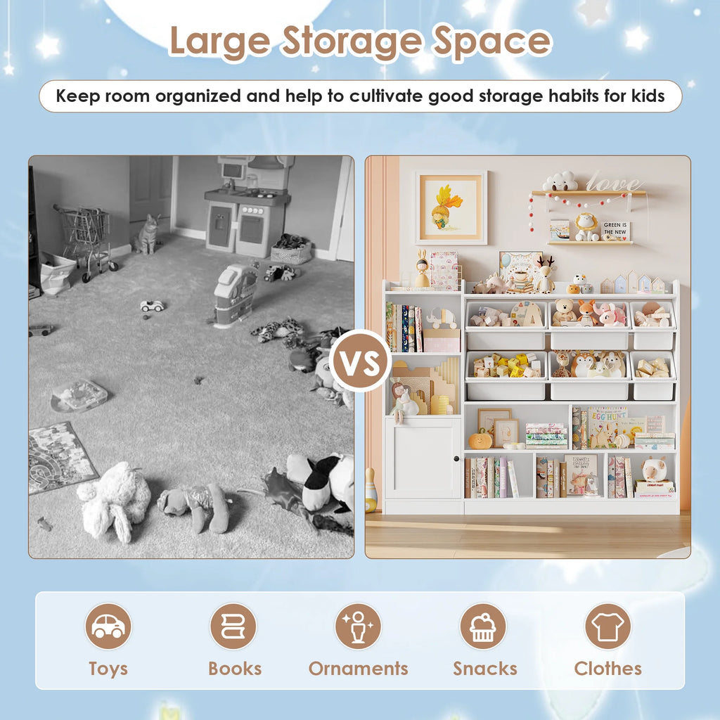 Hiphuta 55"In Kids Bookcase with Toy Storage Organizer, Wood Cube Bookcase Toy Chest of 8 Compartments & 6 Movable Bins, Bookshelf for Kids Bedroom, White