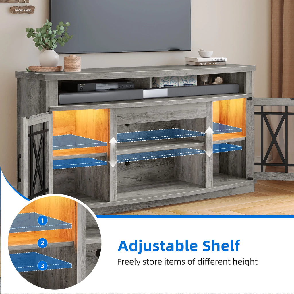 Dextrus TV Stand with LED Lights for TVs up to 70", Entertainment Center Media Console Cabinet with Glass Door, Rustic Gray
