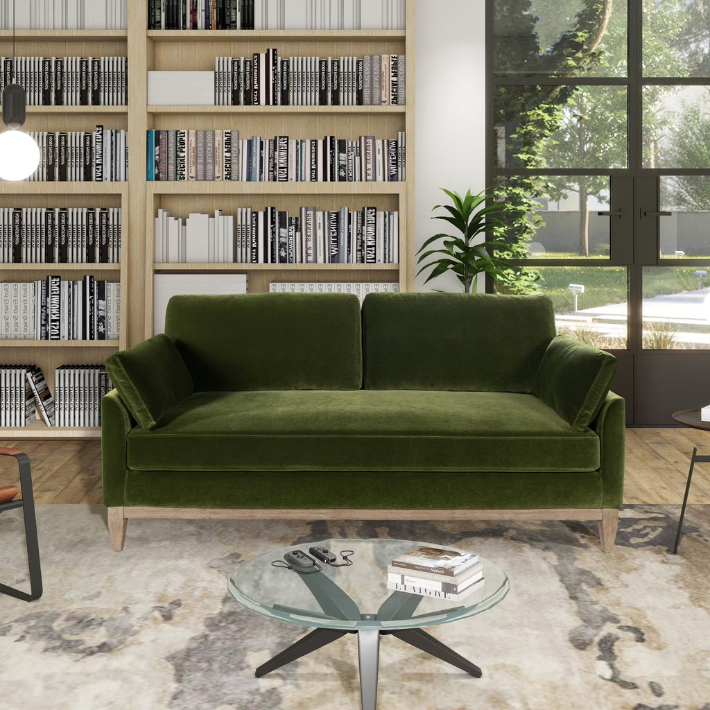 Velvet Sofa Couch, Mid Century Modern 75.5 inch 3-Seater Sofa with Back Cushions and 2 Bolster Pillows, for Small Space,Bedroom, Apartment, Olive Green