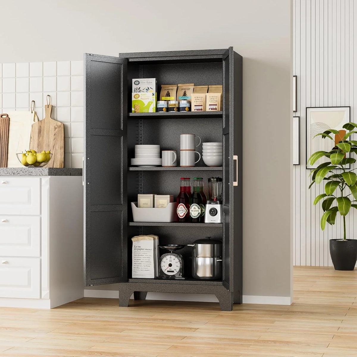 Metal Pantry Cabinet, 61''  White Kitchen Pantry Storage Cabinet with Doors and Adjustable Shelves, Utility Room, Homes, Offices, Garage-, Assembly Required