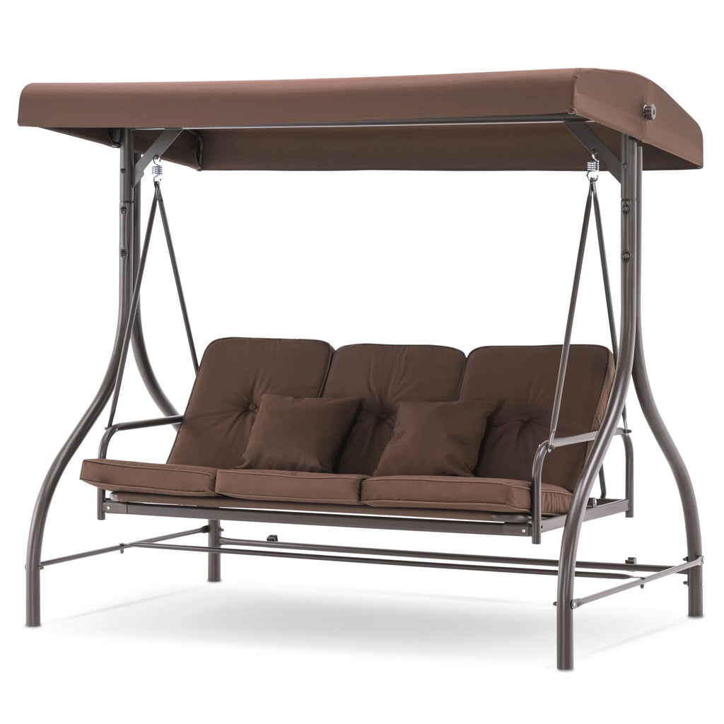 MCombo 3-Seat Outdoor Patio Swing Chair Cushioned with Adjustable Backrest and Canopy, Pillow, Brown