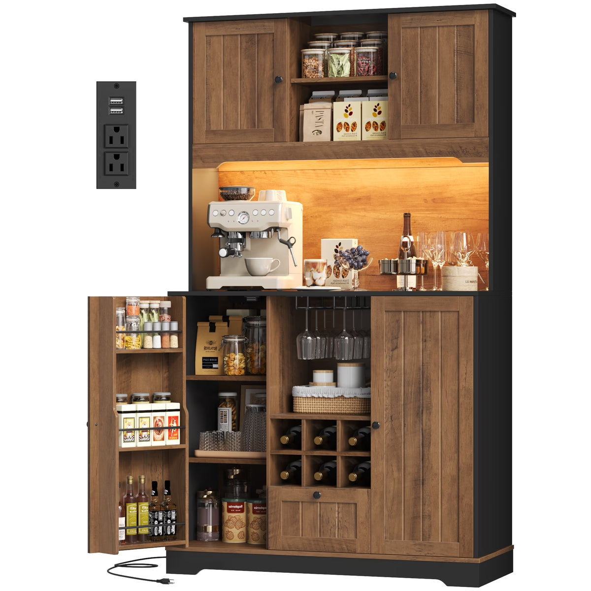 Homfa 71.3'' Kitchen Pantry Storage Cabinet with Charging Station, LED Light Kitchen Hutch Cabinet with Doors and Shelves and Wine Holder, White