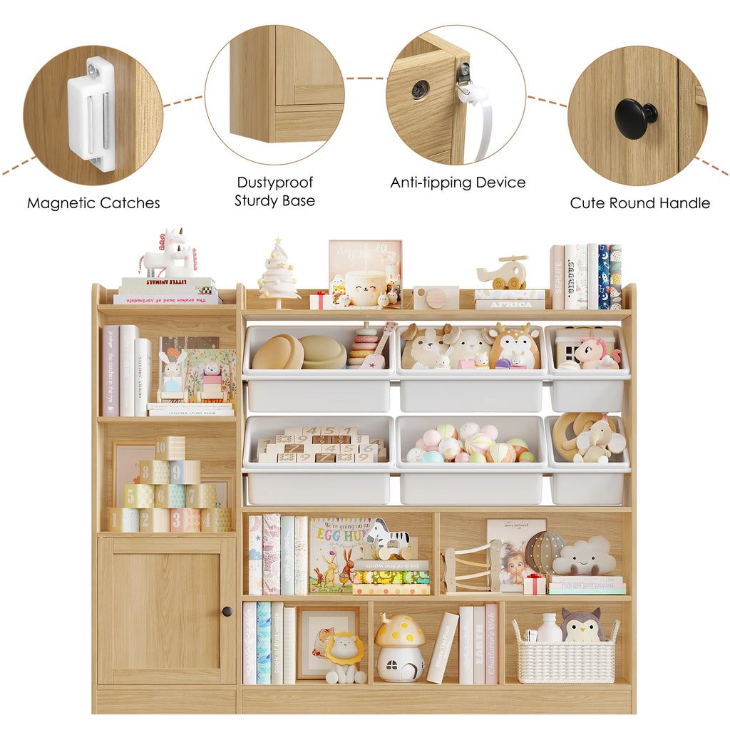 Hiphuta 55"In Kids Bookcase with Toy Storage Organizer, Wood Cube Bookcase Toy Chest of 8 Compartments & 6 Movable Bins, Bookshelf for Kids Bedroom, White