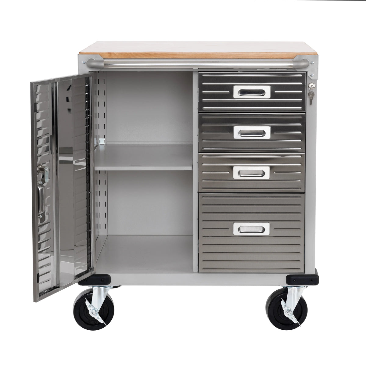 Seville Classics UltraHD® Heavy Duty Rolling Cabinet Workbench Table w/ Solid Wood Top, Workstation for Garage, Office, Workshop, Granite, 1-Door, 4-Drawer (28" W x 25" D)